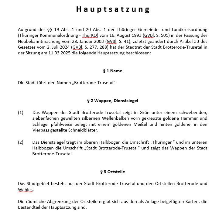 Hier finden Sie die neue Hauptsatzung der Stadt Brotterode-Trusetal